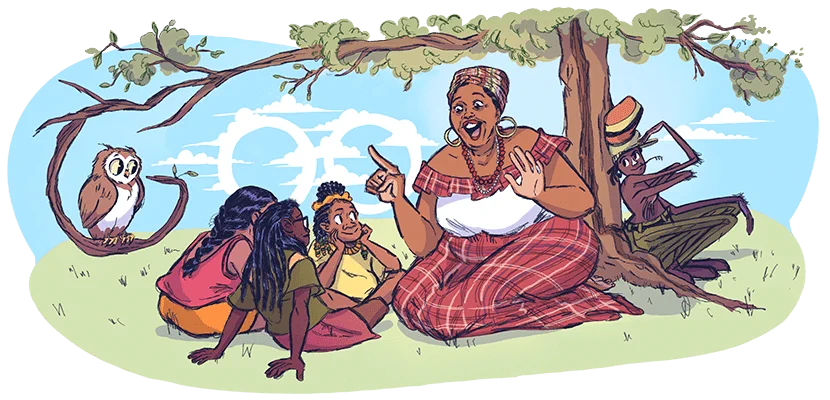 Illustration of Miss Lou sitting on the grass while she tells a story to three childern who are listening intently. Miss Lou has brown skin, an expressive face, and wears a red and white plaid dress, a colorful head scarf, a big beaded necklace and hoop earings. An owl and an eight-legged creature from Jamaican folklore sit to the left and right of her, listening to her stories with the childeren. The background is composed of a light blue sky with clouds and a tree that abstractly incorporate the "GOOGLE" logo.
