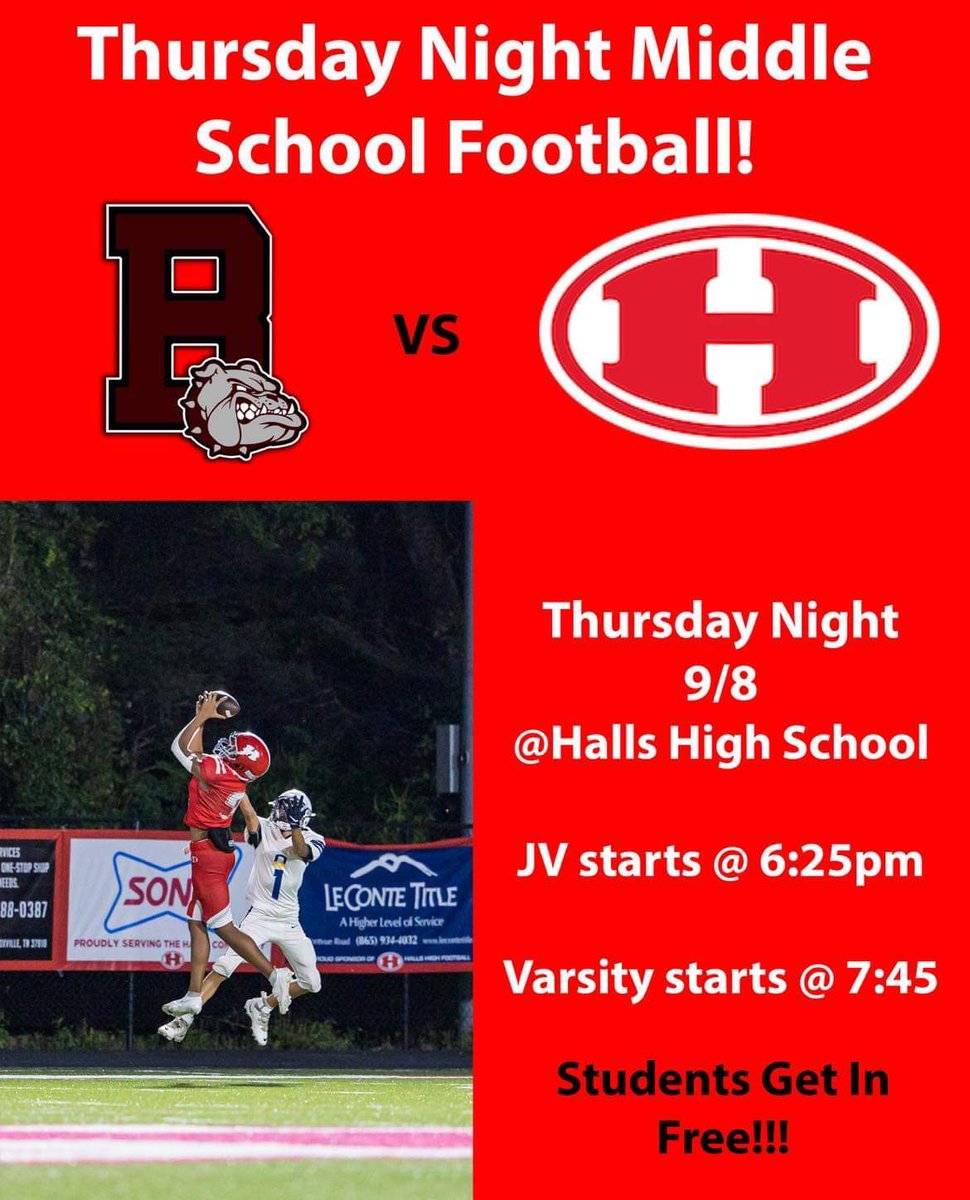 HallsMiddlePTA's tweet photo. Hi everyone, if you saw my earlier post regarding the football game, please note that the game is on Thursday, not Wednesday. I just received this flyer, and it should be the correct one. Sorry for any confusion!! https://t.co/zZAoTx0n1Y