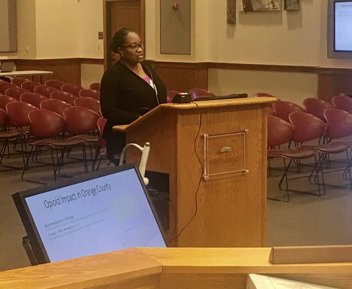 OCNCGOV's tweet photo. Health Director Quintana Stewart discusses creating an @OCNCGOV Opioid Advisory Committee to help the county decide how to use its share of national opioid settlement funds. The county will receive $6.8M over the next 18 years. The BOCC will begin recruiting members soon. https://t.co/ZTjYvN4s20