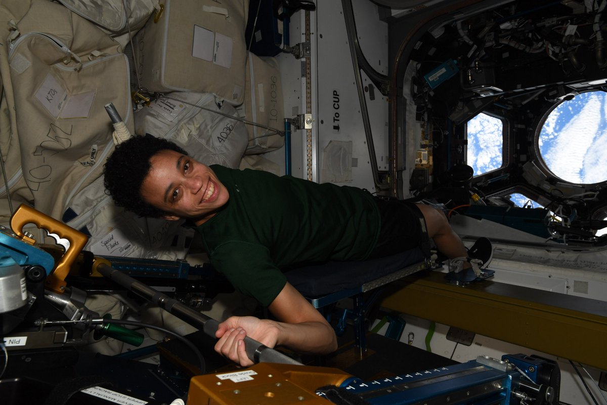 Jessica Watkins (@astro_watkins) on Twitter photo Review of the <a href="/Space_Station/">International Space Station</a> gym: Weird equipment- the bike has no seat, the treadmill is on the wall, and there are no weights…but the atmosphere is out of this world. 5 stars. Review of the <a href="/Space_Station/">International Space Station</a> gym: Weird equipment- the bike has no seat, the treadmill is on the wall, and there are no weights…but the atmosphere is out of this world. 5 stars.