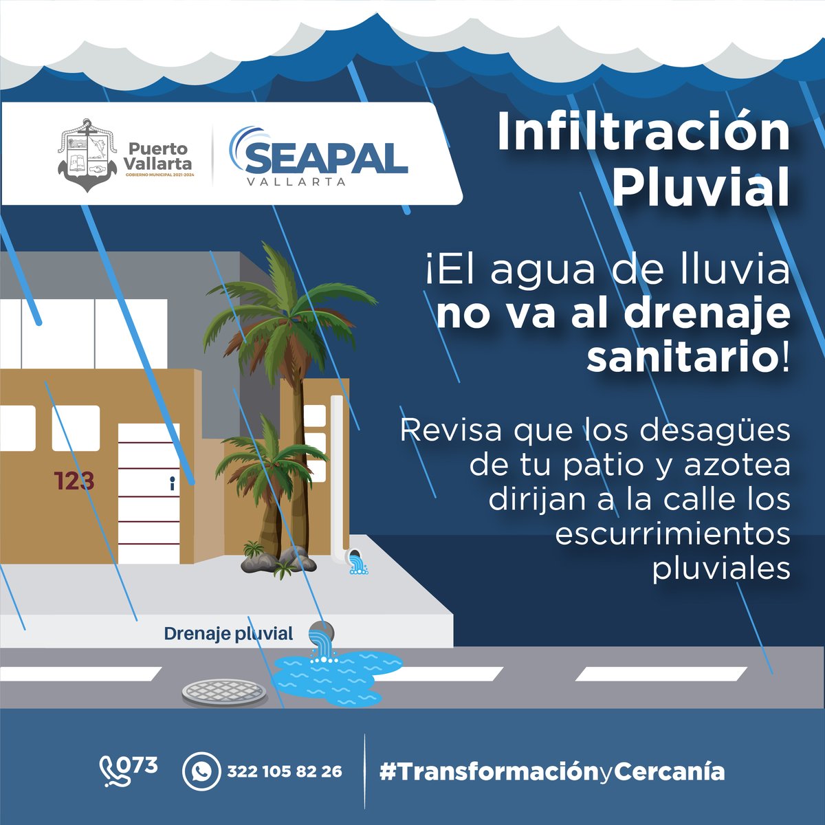 Seapal_Vallarta's tweet photo. ¡El agua de lluvia no va al drenaje sanitario!
Revisa que los desagües de tu patio y azotea dirijan a la calle los escurrimientos pluviales.
#SEAPALVallarta
#CuidalaUnChorro https://t.co/fKF4mGGX1s