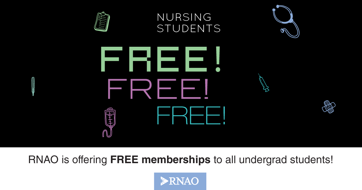 🚨Undergraduate nursing students, sign up for a FREE RNAO membership now until Sept. 16!

Visit join.RNAO.ca &amp; select "Undergraduate Nursing Student Associate" today.

Membership valid until Oct. 31, 2023.
<a href="/DorisGrinspun/">Dr. Doris Grinspun 🇨🇦 RN, PhD, FAAN, O.ONT</a> <a href="/ClaudetteHollow/">Claudette Holloway</a> <a href="/MorganHoffarth/">Morgan Hoffarth</a>