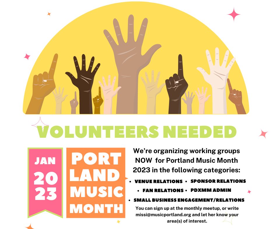 Portland Music Month (PDXMM) is fast approaching, January 2023! We're organizing working groups NOW!

You can sign up at the monthly meetup, or write missi@musicportland.org and let her know your area(s) of interest. See you at September's Monthly Meetup on Monday!