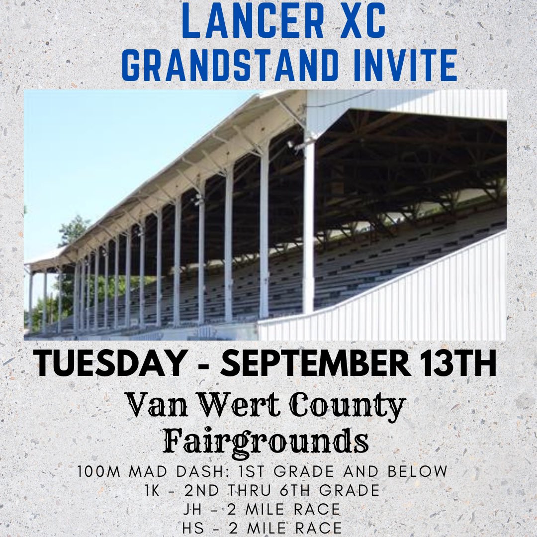 Only one week away!! Come out and support Van Wert county XC athletes. Free admission. 4 food trucks. 
6:00 pm. 1st and below 100m dash
6:10 pm. 2nd-6th 1000m
6:30 pm. JH boys/girls combined 2 mile
7:00 pm. HS boys/girls combined 2 mile