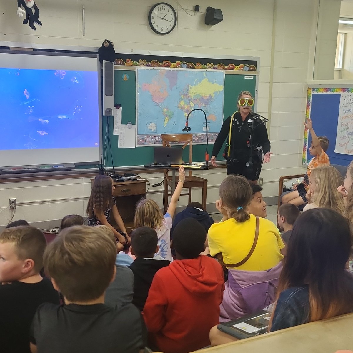 EastatW's tweet photo. Today we kicked off our "Water We Doing?" PBL Unit with a Word Cloud, our Water Wonder Wall, and a visit from Scuba Stacy! #WAWMproud @WalkerNxGL #Neverstopwondering https://t.co/rxxCPaUwig