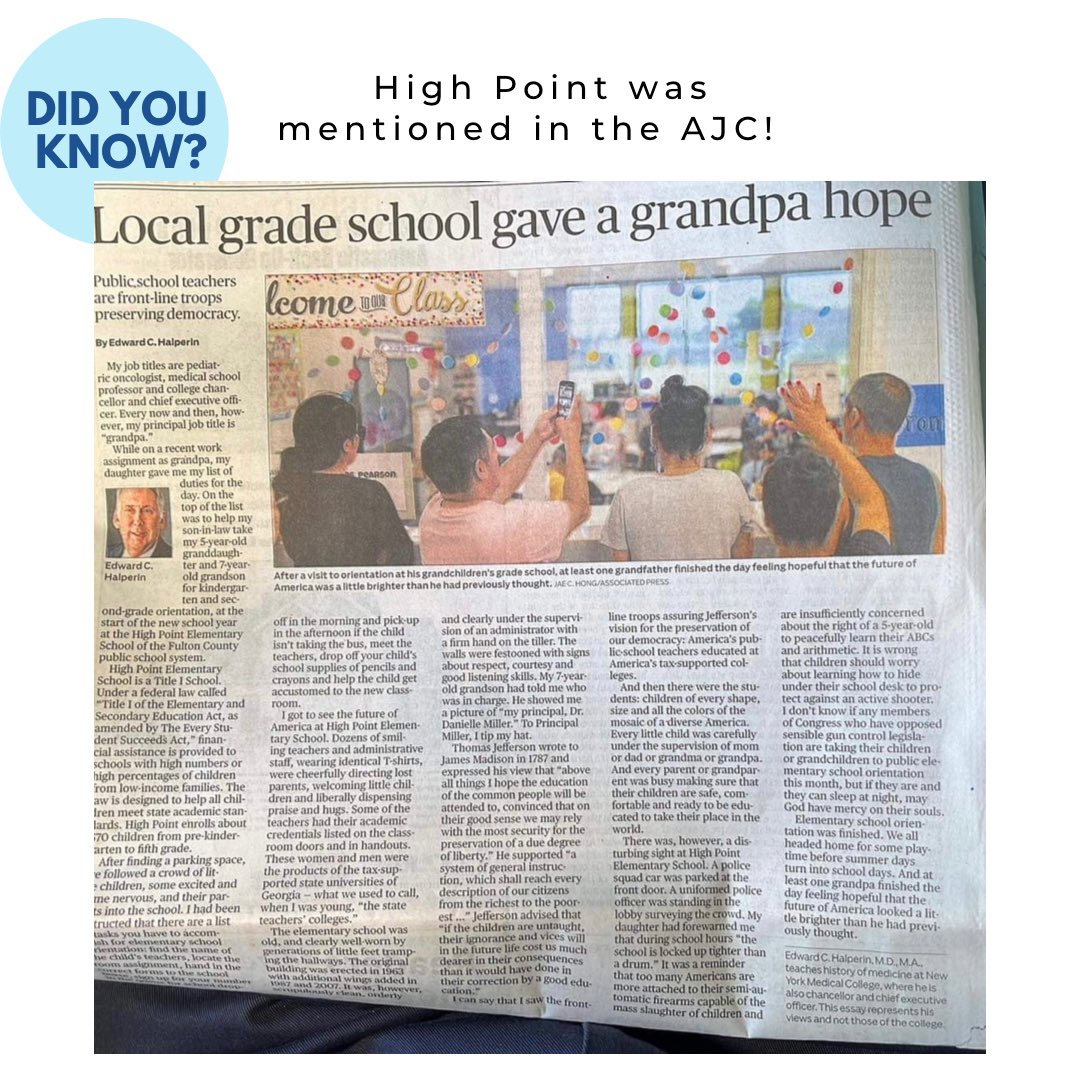 HighPointFCS's tweet photo. Have you heard the News? We were mentioned in the @ajc ! We are so proud of our school community at High Point and are overjoyed to see a spotlight shine on our deserving teachers and leadership! @HPointPrincipal @FultonCoSchools #cultivatingchampions https://t.co/p2jX7mOCgH