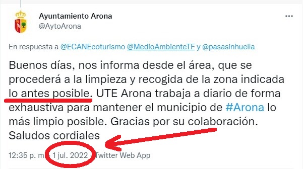 ECANEcoturismo's tweet photo. @adrifloresrvl @Imanolzuaznabar @ecoguidejean Ojalá fuese así 🙏
Hace 3 meses recibimos una respuesta similar de @AytoArona https://t.co/DIufBIC7Wk