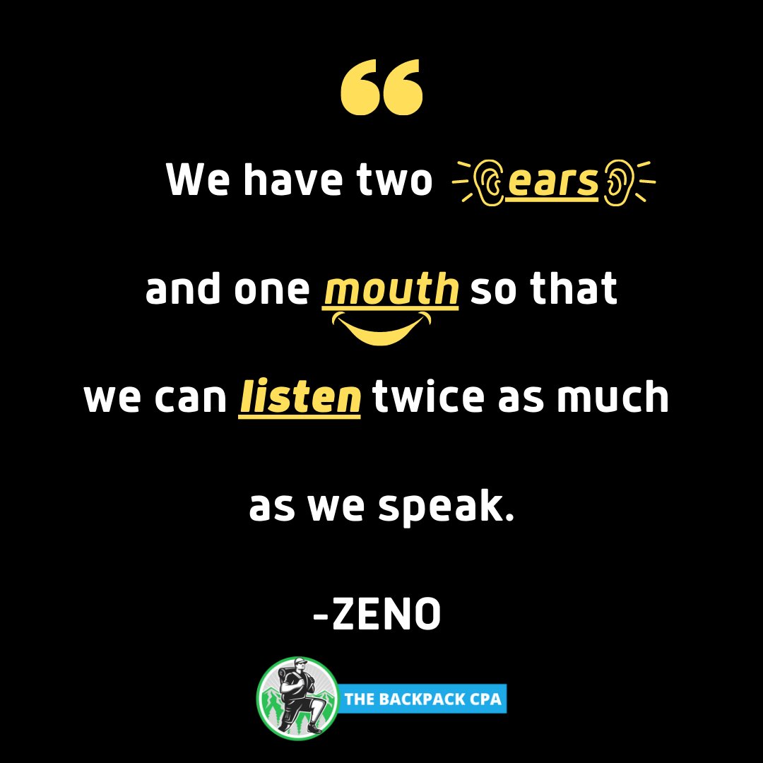vimalcpa's tweet photo. We have two ears and one mouth so that we can listen twice as much as we speak. -ZENO
Listening is a skill that can give you superhero powers!
#TaxTwitter #accountants #bookkeepers #personaldevelopment #TheBackpackCPA
#personalgrowth #podcast https://t.co/jjkn1ZyIdN