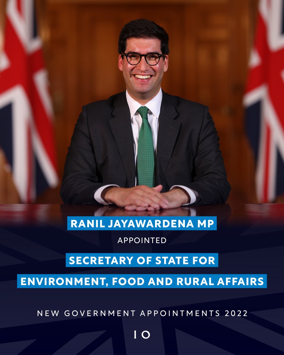 Ranil Jayawardena MP <a href="/ranil/">Sir Ranil Jayawardena</a> has been appointed Secretary of State for Environment, Food and Rural Affairs <a href="/DefraGovUK/">Defra UK</a>. 

#Reshuffle
