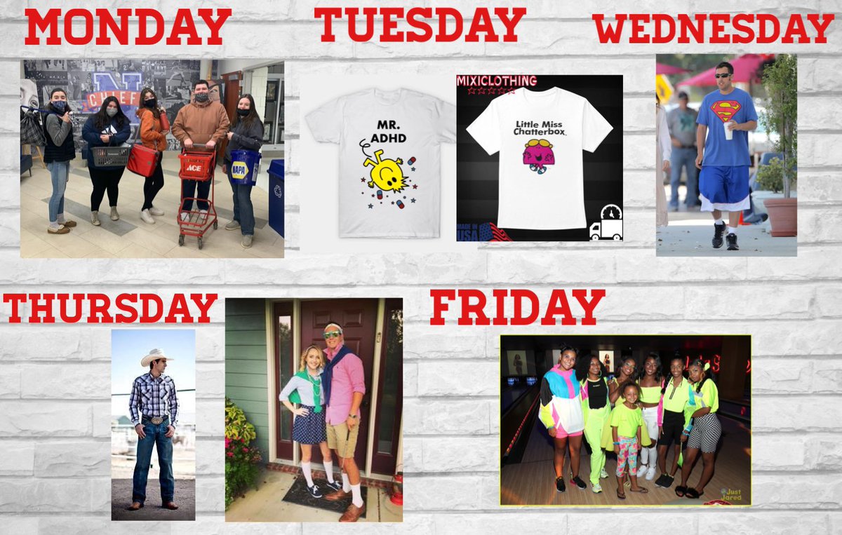 ALHS_StuCo's tweet photo. HOCO WEEK DRESS UP DAYS 9/12-9/16
Mon: Anything but a backpack day🚫🎒
Tue: Little Ms/Mr day🤭
Wed: Adam Sandler day👕🩳
Thu: Country vs Country Club🤠🎾
Fri: NEON💛💜
(examples below:) https://t.co/hwgBADf2RI