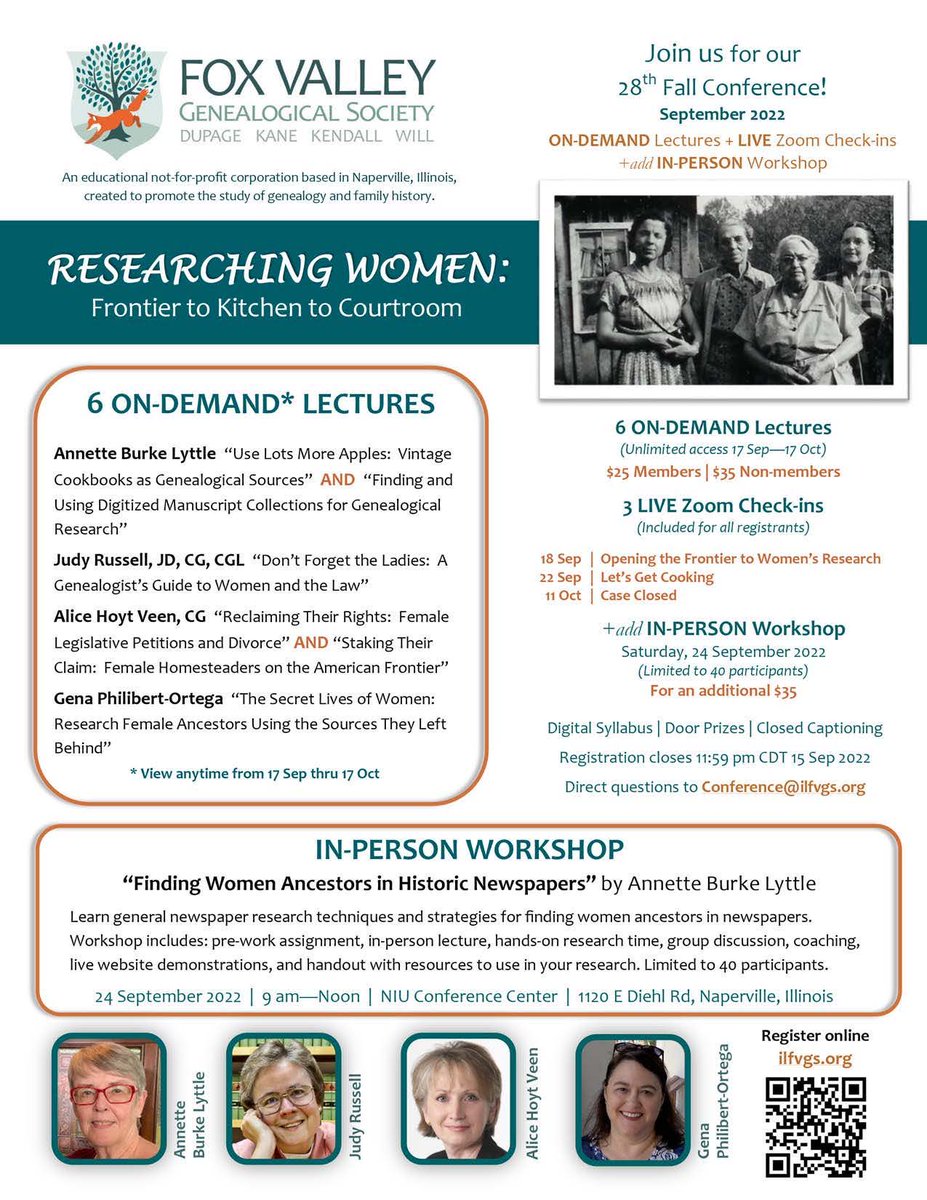 MaryHamill2's tweet photo. Looking forward to #genealogy FVGS Fall Conference “Researching Women: Frontier to Kitchen to Courtroom” with @BurkeLyttle @legalgen @genaortega &amp; Alice Hoyt Veen presenting 6 on-demand lectures, 3 live ZOOM check-ins and 1 in-person workshop offered https://t.co/T9Zmeo1n4P https://t.co/TSA1uEllpz