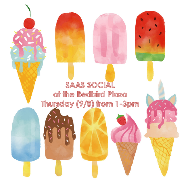 SAAS_of_ISU's tweet photo. We're hosting a SAAS Social this Thursday (9/8)! Please come by the Redbird Plaza (where the bench swings are) behind Fell Hall to grab some ice cream or a popsicle. We look forward to seeing you there! https://t.co/6ubgf31VZ7