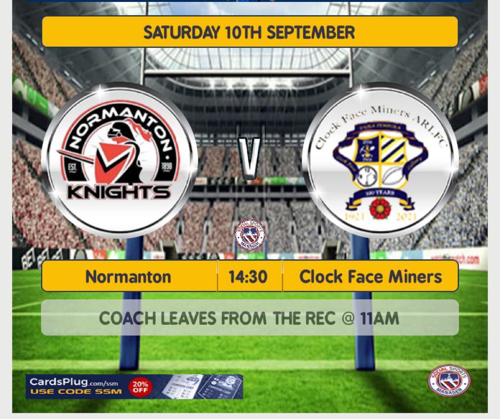 We’re heading over to Yorkshire on Saturday to play <a href="/NormantonARLFC/">NORMANTON KNIGHTS</a> in the NCL Division 2 play offs. It would be great to take a bus load of Clockers to the game. £10 secures a seat on the coach. Contact <a href="/SarahCoz1688/">Sarah Costello</a> to book your seat 🚌 #CFM 💙💛