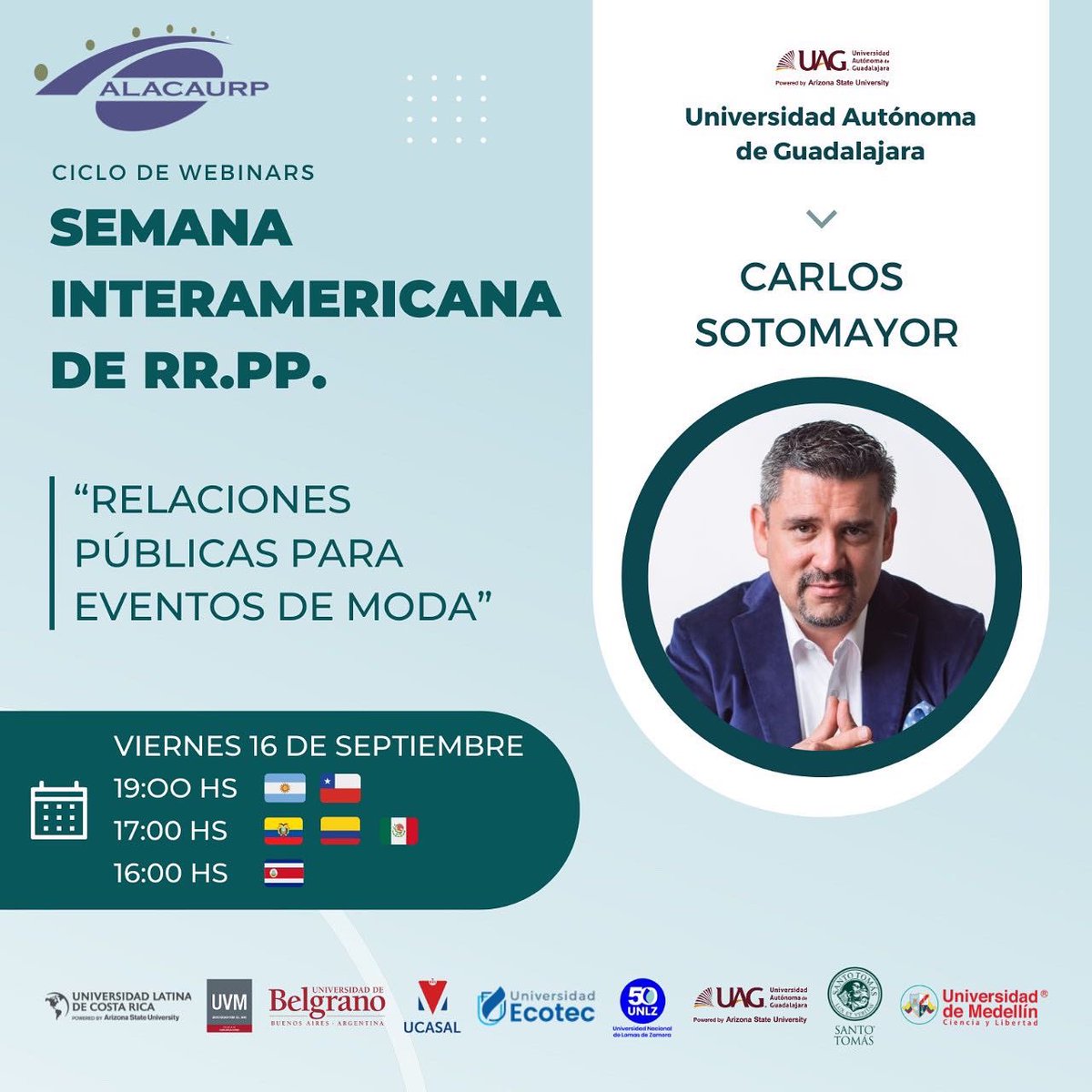 👉🏻En la última jornada de la Semana Interamericana de Relaciones Públicas tendremos los siguientes webinars👇🏻

🗣️Carlos Eduardo Arcos de <a href="/UnivEcotec/">Universidad Ecotec</a> 
🗣️Carlos Sotomayor de <a href="/UAG_Oficial/">UAG</a>

🔗 Link de inscripción forms.gle/fxAQ8QioBuHXPC…

#CicloALACAURP