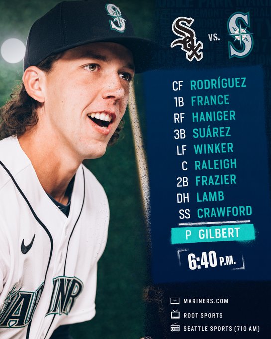 Starting lineup vs. the White Sox at 6:40 p.m. on ROOT SPORTS, Seattle Sports 710 AM, and Mariners.com:

CF Rodríguez
1B France
RF Haniger
3B Suárez
LF Winker
C Raleigh
2B Frazier
DH Lamb
SS Crawford
P Gilbert