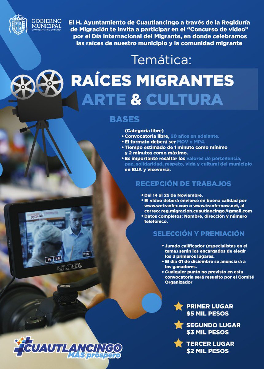CuautlancinGob's tweet photo. 🎥 PARTICIPA en el #ConcursoDeVideo en conmemoración al próximo Día Internacional del #Migrante. 🎞

👀 Consulta aquí las bases y los PREMIOS👇🏻 https://t.co/Ky27llDljS