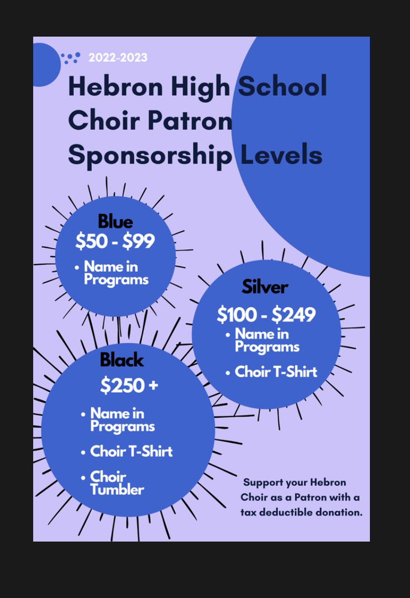 We love our Hebron choir patrons!!! Support Hebron choir by becoming a blue💙silver🤍or black🖤 level patron using the link below!! 

hebronhschoir.ludus.com/donate.php