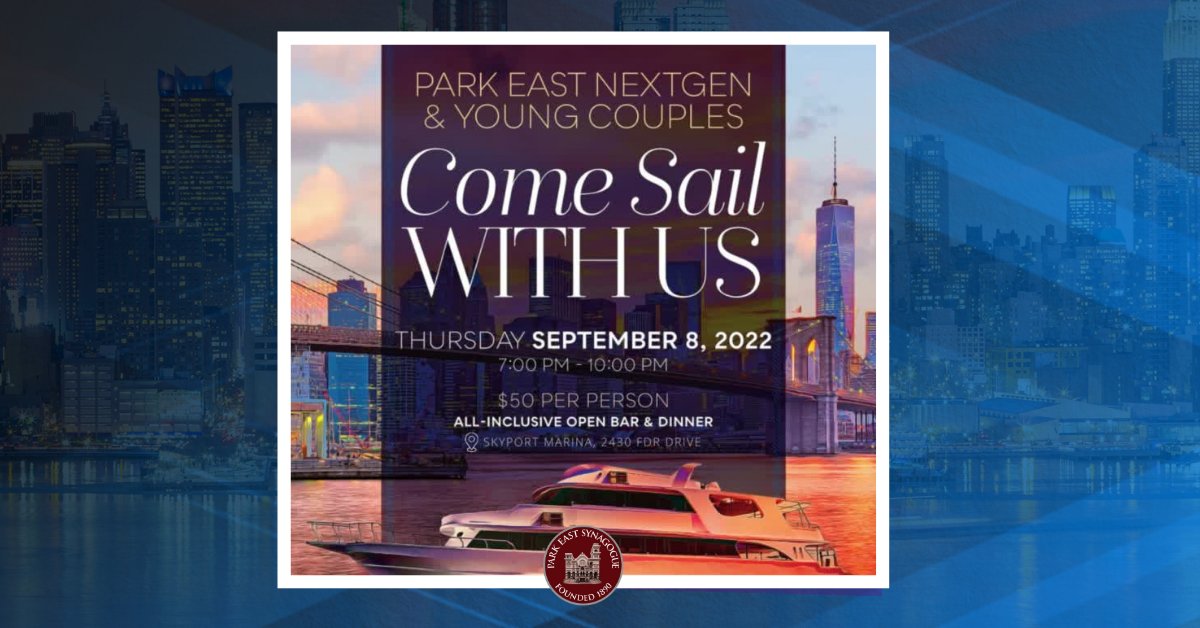 PESynagogue's tweet photo. Thurs, Sept 9: Don't miss out on our magical, all-inclusive cruise with your favorite Park East Couples &amp; #YoungProfessionals. 
Open Bar✔️
Great Dinner✔️
Spectacular Views✔️ 
Amazing Conversation ✔️

Meet us at the dock. 
#ues #nycevents #jewishevents https://t.co/xp63sAv29B https://t.co/8suxnajuUV