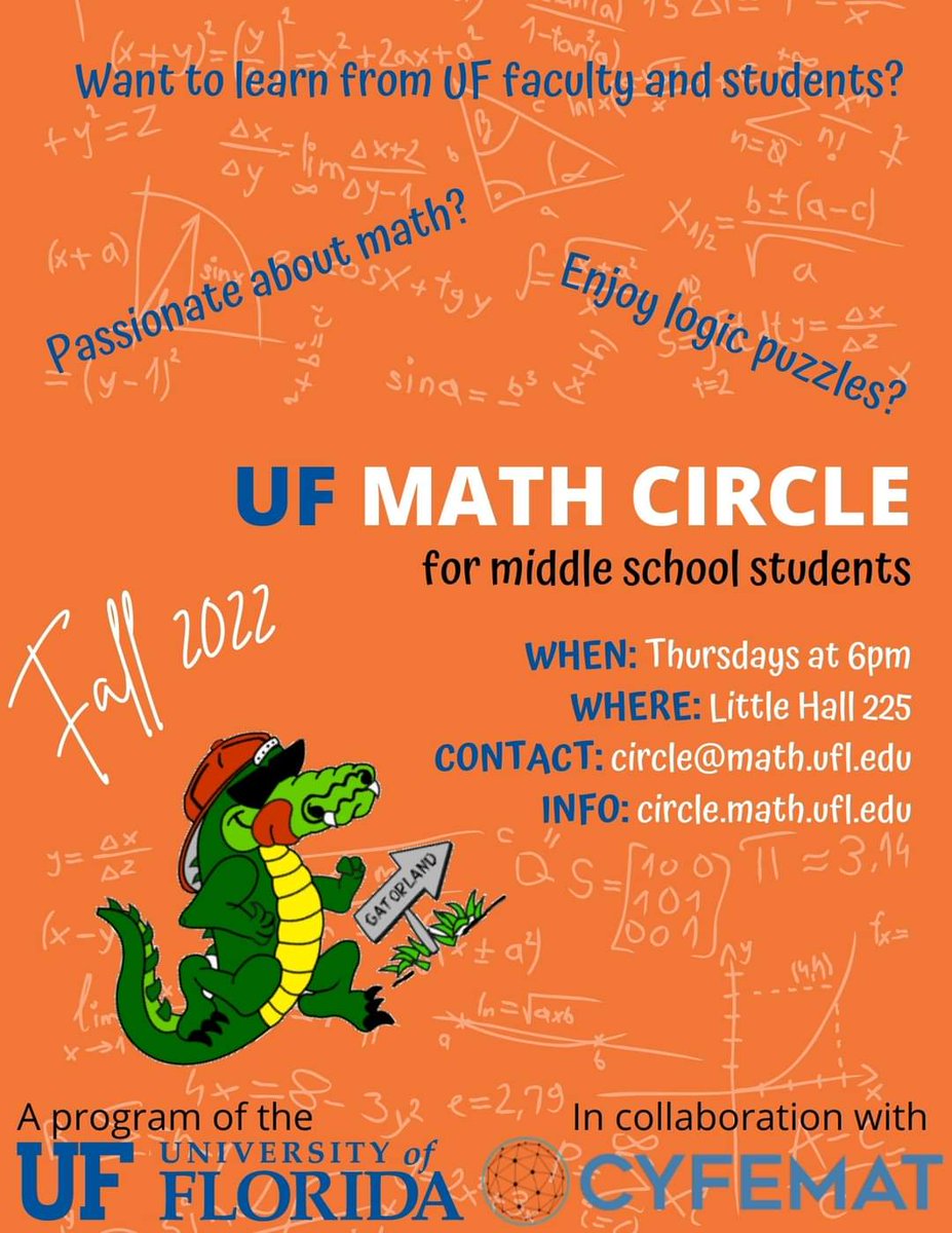 UfMathematics's tweet photo. Starting this Thursday! UF Math Circle will have fun activities for middle school students every Thursday at 6-7pm in Little Hall on UF campus. If you have a little math wizard around you, look at https://t.co/uXsbwrbKzv https://t.co/9WU61D8ONG