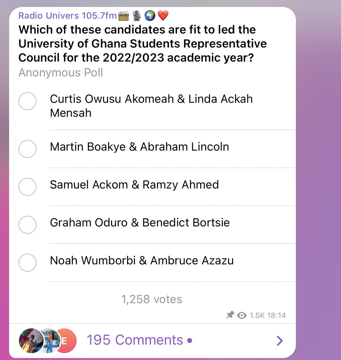 univers1057fm's tweet photo. #UGDecides: Take part in our @Ug_src Presidential poll on telegram and vote for your preferred candidates.

Vote via link below 👇🏾

https://t.co/dfJFi9hNRB

#UniversNews #ElectionLens https://t.co/RbLlIAVRLX