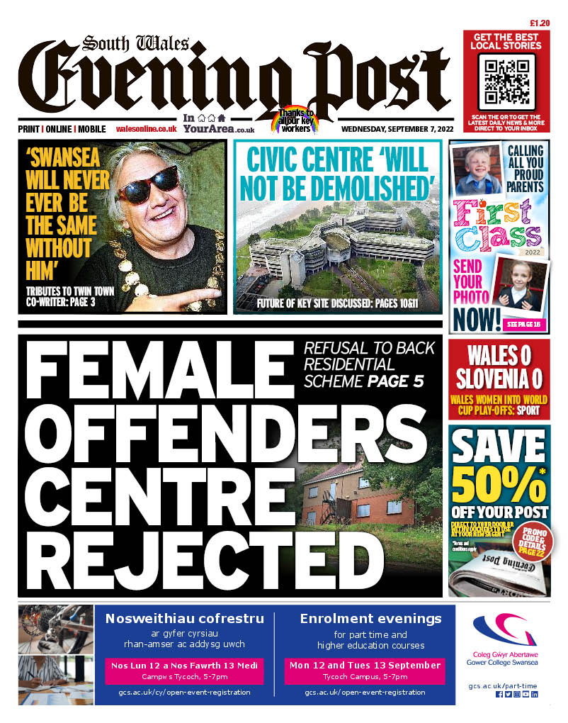WalesOnline's tweet photo. Here's the front page of Wednesday's South Wales Evening Post

https://t.co/KmSuE2CZxB

#TomorrowsPapersToday https://t.co/LPxVewA2J5