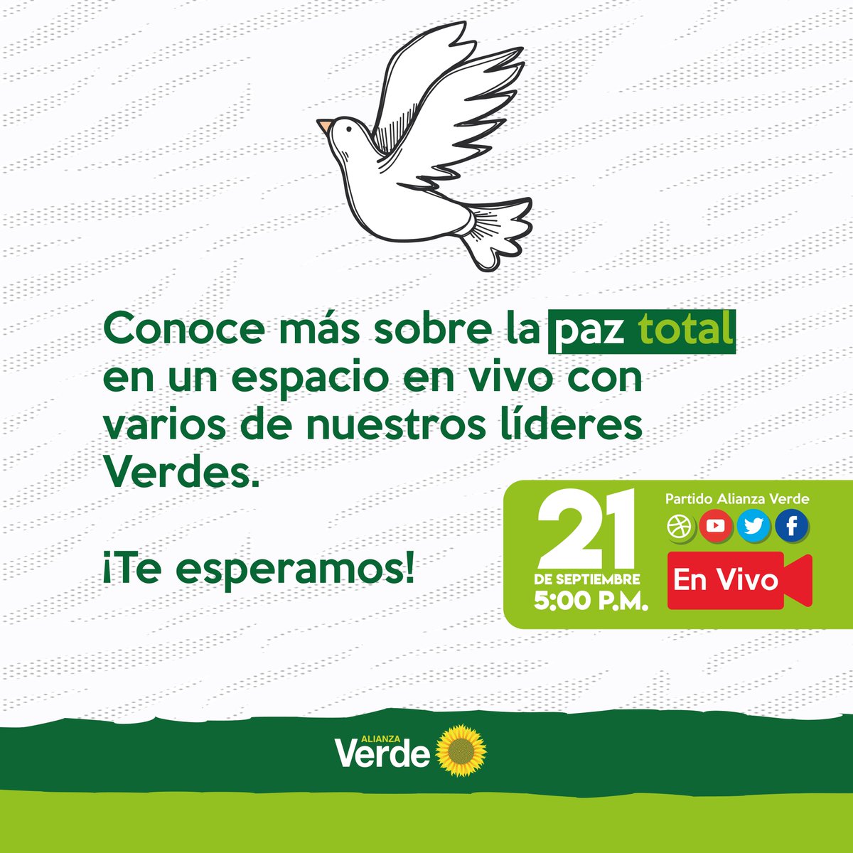 PartidoVerdeCoL's tweet photo. Pero, ¿en qué consiste esto? Aquí les explicamos qué es.

Además, los invitamos el 21 de septiembre, día internacional de la paz, a que dialoguemos sobre la #PazTotal. 

2/2 https://t.co/AgEYzveeSw