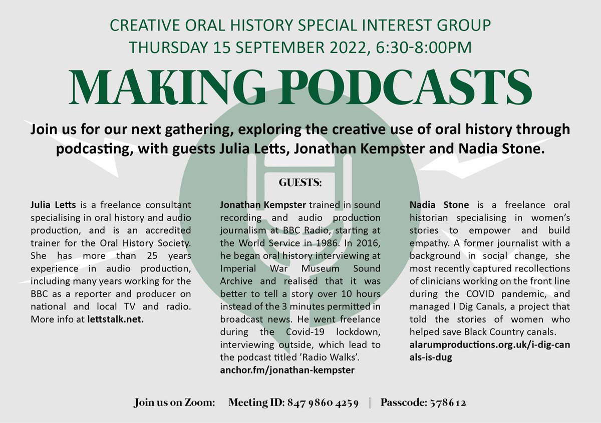 OHS_Creative's tweet image. If you are interested in finding out about how to use your oral history recordings to create podcasts, join the Oral History Society Creative Special Interest Group for our next online event. Details below. #oralhistory #podcast #creativeoralhistory