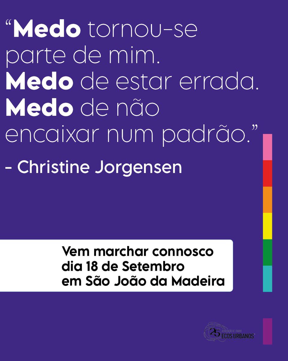 EcosAcao's tweet photo. Nunca devemos ter medo de quem somos.
Os Direitos Humanos celebram-se todos os dias!
Dia 18 de setembro vem marchar connosco!

Descobre mais sobre quem foi Christine Jorgensen através do link da nossa Bio! https://t.co/bRB6KHQ3cB