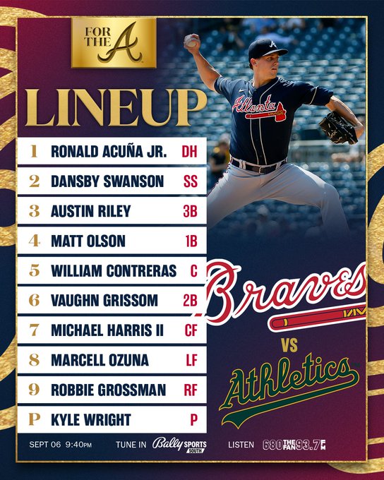 Acuña Jr. DH, Swanson SS, Riley 3B, Olson 1B, Contreras C, Grissom 2B, Harris II CF, Ozuna LF, Grossman RF, Wright P. First pitch at 9:40.