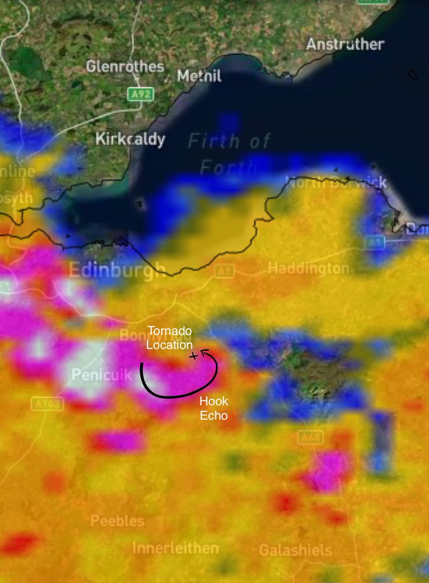 SeanBattyTV's tweet photo. Looking at the rainfall radar from earlier I noticed this discrete little hook which is possibly where today’s tornado, spotted from Bonnyrigg &amp; Rosewell, formed. Looks like it developed over Gorebridge and dissipated by the time it reached the bypass near Bonnyrigg &amp; Dalkeith.🌪 https://t.co/GX0qjEr0PQ