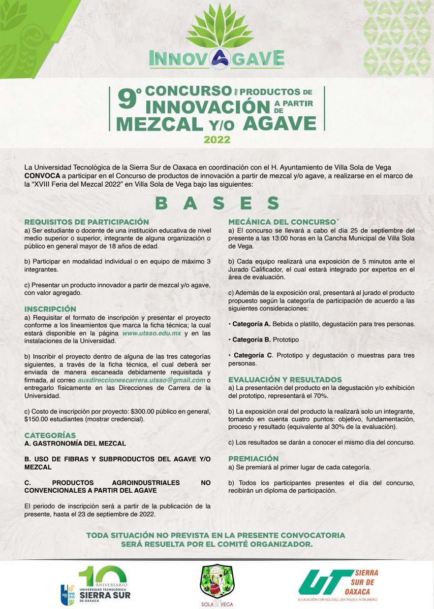 j_sumano's tweet photo. El "Innovagave 2022", es una oportunidad para la juventud y público en general, interesada en innovar con la elaboración de productos hechos a base de mezcal y/o agave. Les comparto la convocatoria de éste concurso que se realiza en su 9a edición en #SolaDeVega @utsierrasuroax https://t.co/OUNVWPaOPE