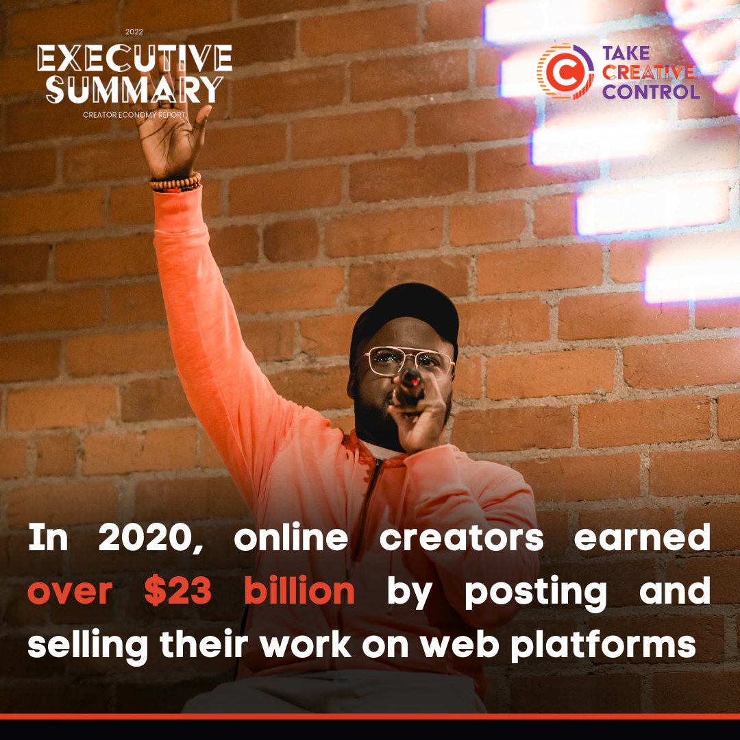 creativeC0NTR0L's tweet photo. Creators earn billions by posting & selling their work on web platforms across 7 sectors: video, music, podcasts, writing, crafts, art & design, & influencer marketing. Learn how important creators are to our economy in the new #TakeCreativeControl report: https://t.co/bJMm0qsvIC https://t.co/VAK5M7rCTz