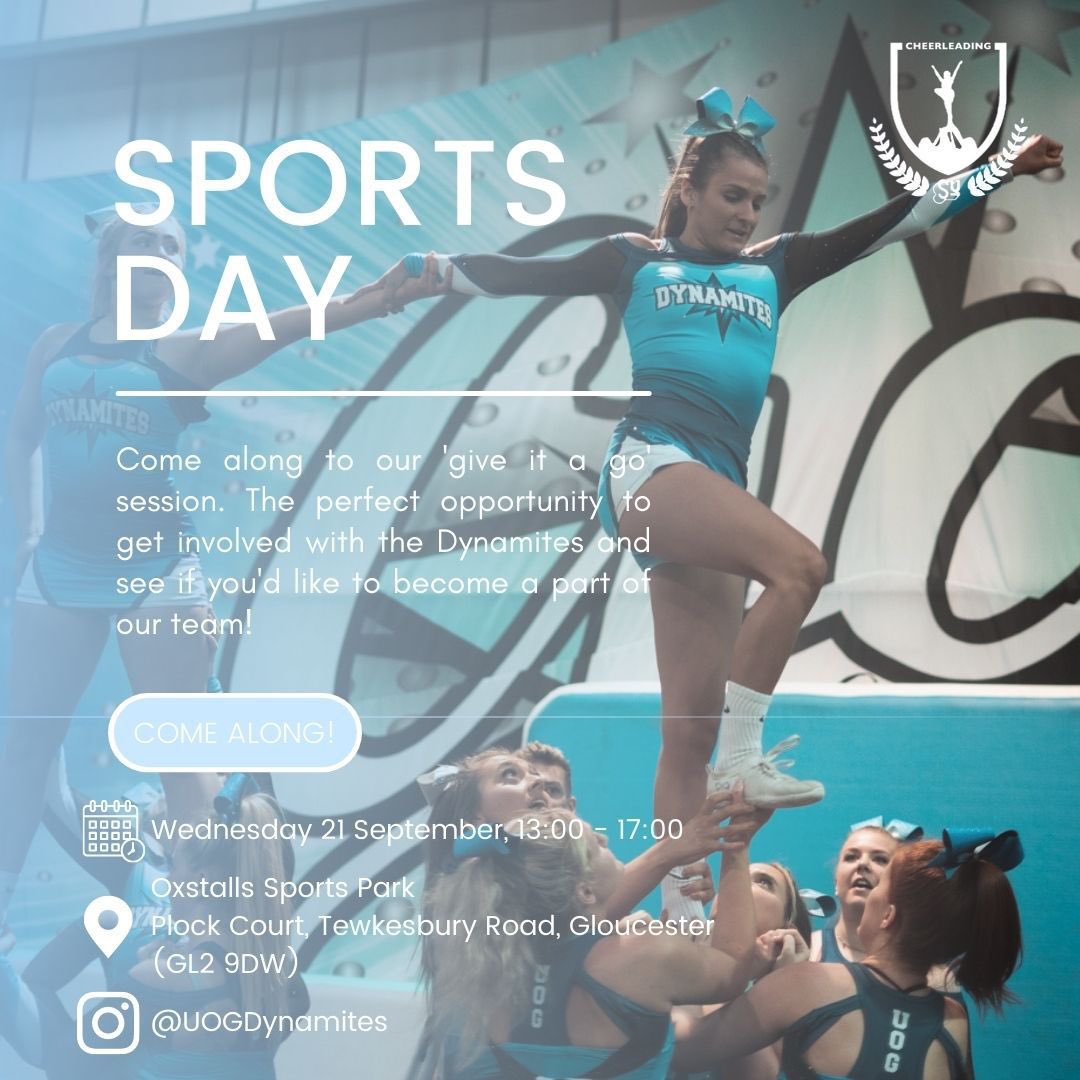 If you’re thinking about joining us next year we have loads of opportunities for you to meet the team and give it a go, follow us on insta for more dates 🎀🤍 

<a href="/uniofglos/">University of Gloucestershire</a> 
#uog 
#bleedblue 
#cheerleading