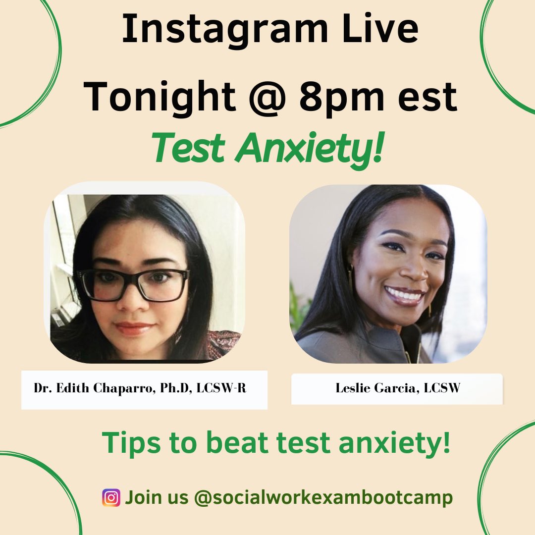 LmswExamPrep's tweet photo. JOIN Us- Instagram Live Tonight! @socialworkexambootcamp 8PM-est
🍀 We will discuss some important test anxiety tips to help you prep before and during your exam! 

#lmsw #lcsw #lsw #exam #socialwork #realestateexam #testanxiety #iglive https://t.co/dMSKJFrojT