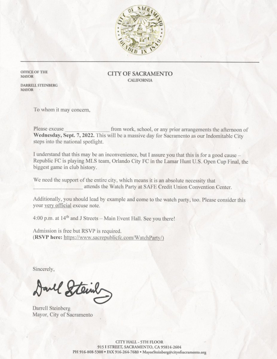 OK <a href="/SacRepublicFC/">Sacramento Republic FC</a> fans! I am exercising my mayoral authority here to issue an "official" excuse note to attend the official US Open Cup Final watch party at the <a href="/SAFECUConvCtr/">SAFE Credit Union Convention Center</a>. I'll be joining Vice Mayor <a href="/AngeliqueAshby/">Angelique Ashby</a> and all of you to cheer the team on! engagesac.org/blog-civic-eng…