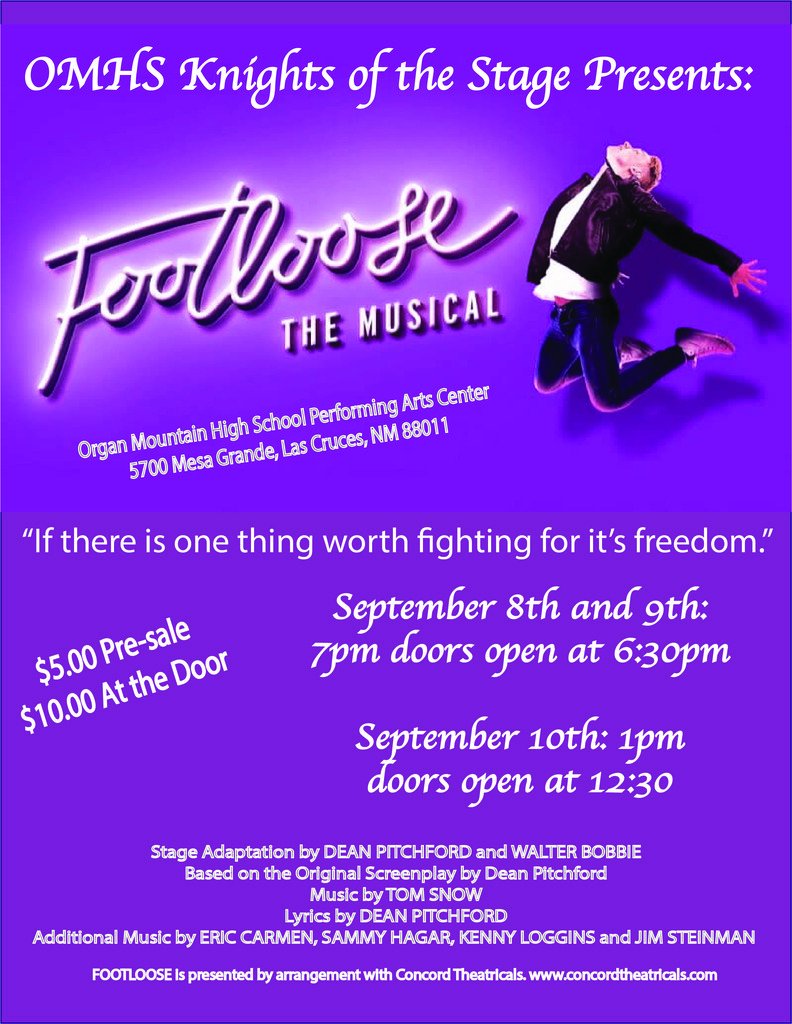 LCPSnet's tweet photo. Join us this week for Footloose the Musical, presented by the Organ Mountain High School Knights of the Stage! Tickets are $5 in advance at OMHS, or $10 at the door. Performances are Sept. 8-10, Thursday through Saturday at te OMHS Performing Arts Center.
Everybody get Footloose! https://t.co/NYL5fZxF6L