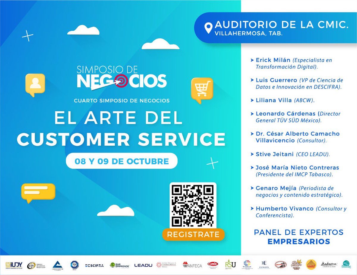 #SEDEC te invita a participar en el 4to Simposio de Negocios: El arte del #CustomerService 💡📊evento que se realizará los días 8 y 9 de octubre del presente año en el auditorio de la #CMIC #Tabasco y de forma virtual.

Organiza el #IUDY 👇
Registro ➡️forms.gle/MzPZ6VnoKZquHY…