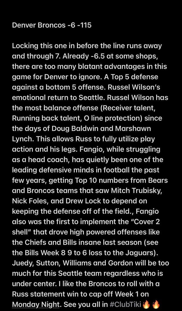 tikipicks's tweet photo. This number has already started to run some places, so I will lock this NFL spot in now.

NFL 🏈

Broncos -6 (-115) https://t.co/IODDUCyPDF