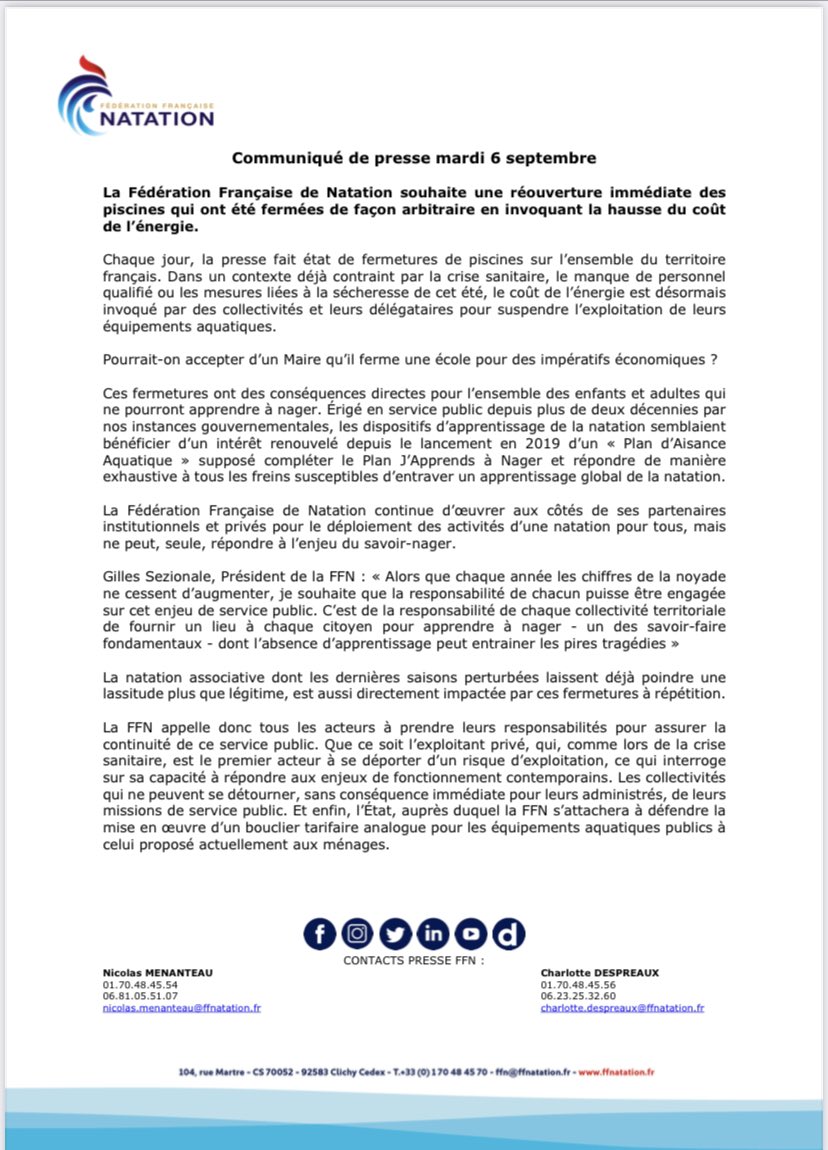 Je suis consterné par le manque de clairvoyance de certains responsables. 

Les piscines ont un enjeu societal. Elles permettent l’apprentissage de la nage et sauvent des vies ! 

Comment peut-on vouloir les fermer pour raison économique ? 

Je souhaite dénoncer cette folie.