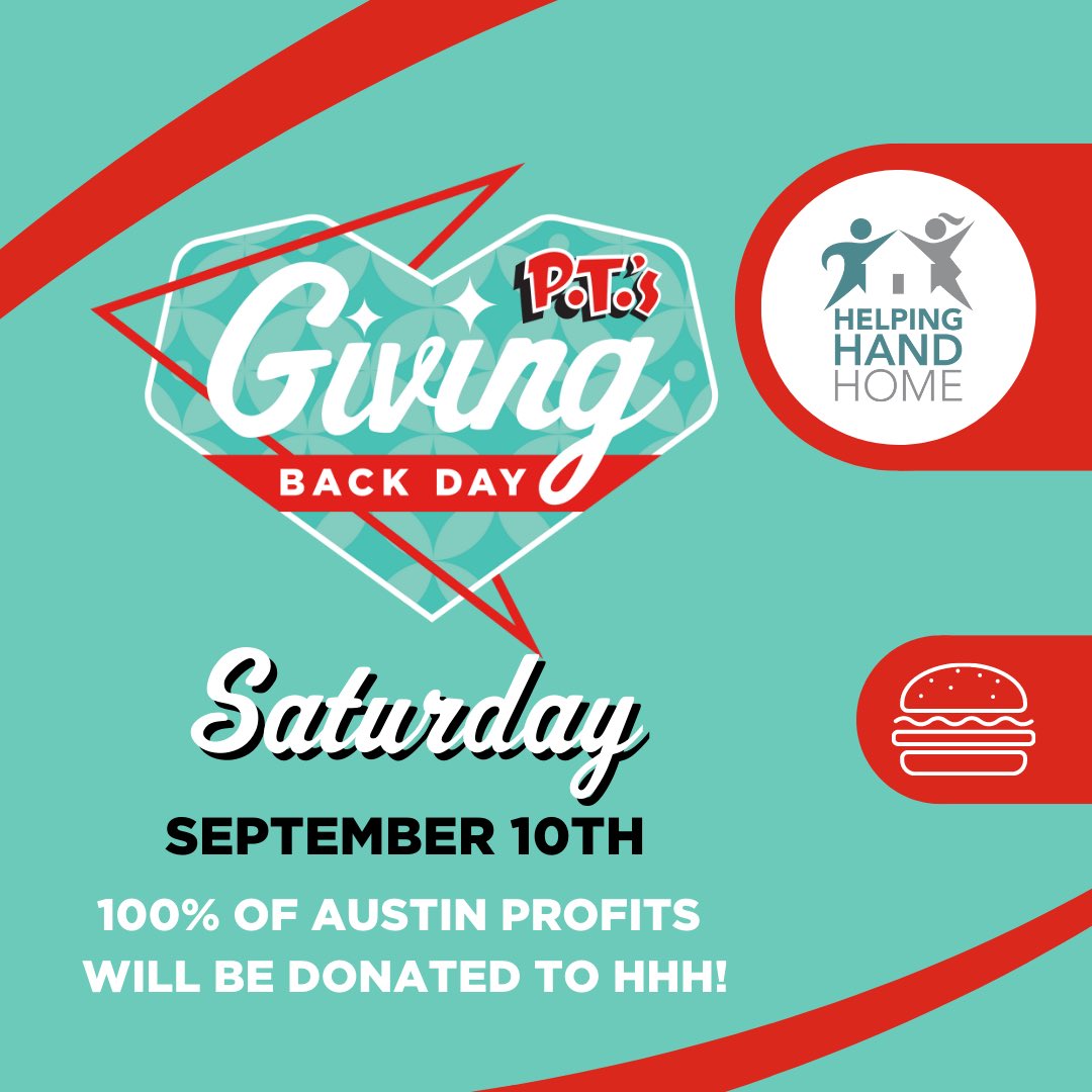 HelpingHandHome's tweet photo. Thank you P. Terry’s for selecting HHH as a beneficiary of Giving Back Day! Visit your local Austin P. Terry’s location this Saturday, September 10th and 100% of the profits will be donated to the Home. Thank you to our incredible community for your support! #GivingBackDay https://t.co/HvL0alrk30