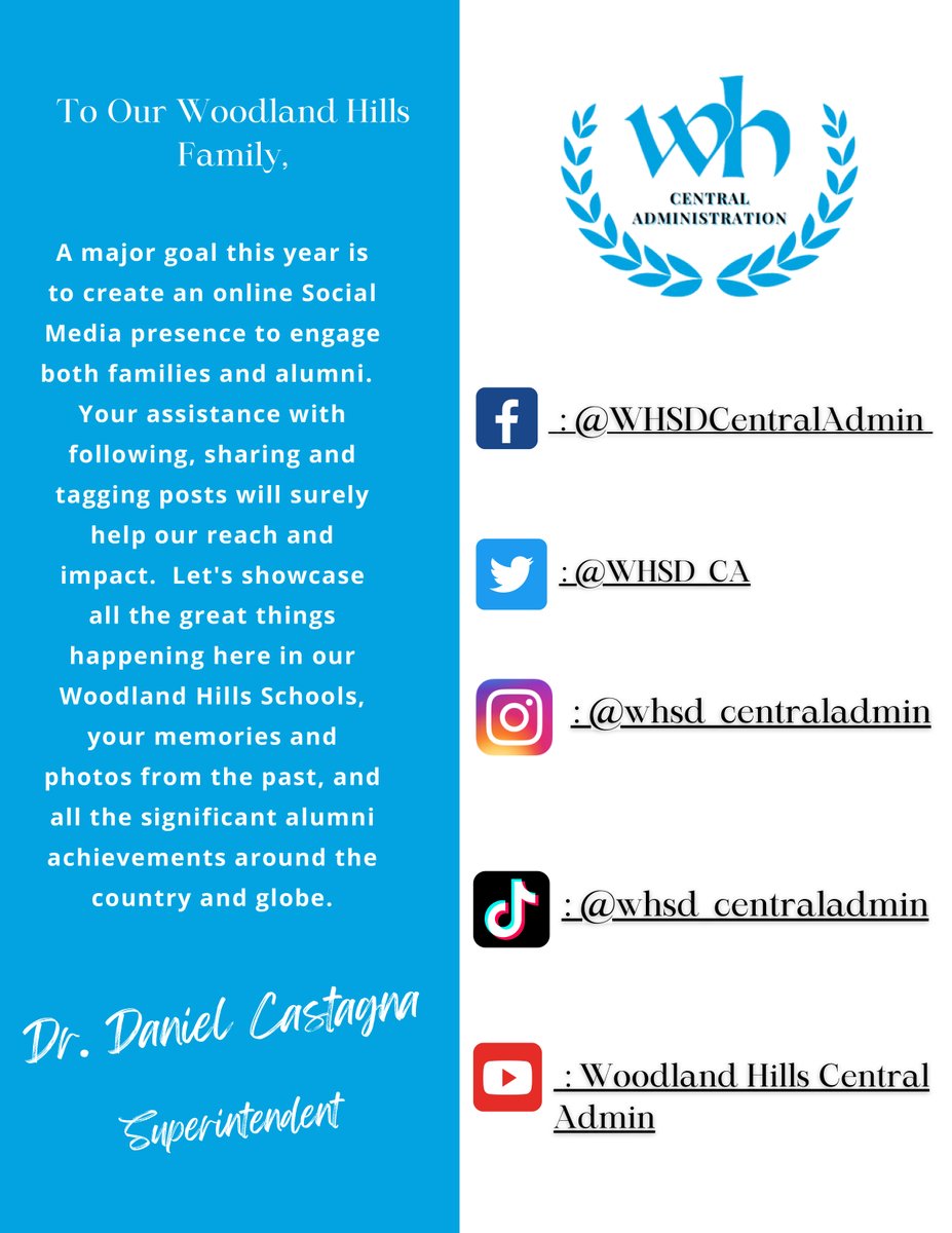WoodlandHillsHS's tweet photo. Our social media presence is growing! Give the brand new Woodland Hills Central Administration accounts a follow and make sure you're up to date with our individual school, district and program social media accounts. https://t.co/IIjOyFjfx7