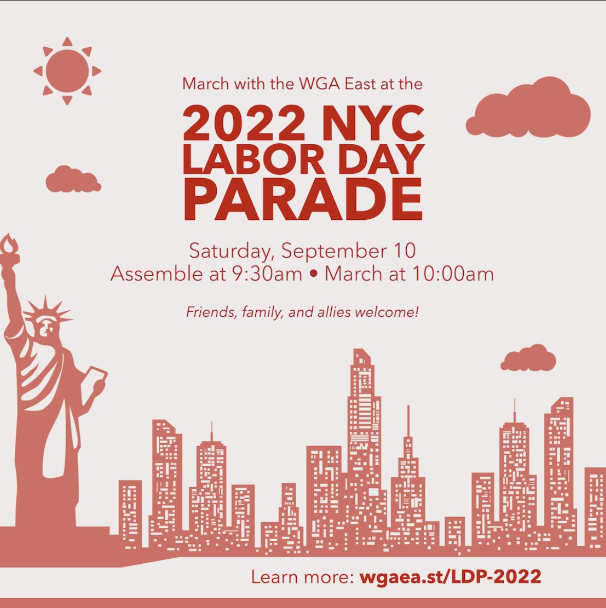 WGAAudio's tweet photo. You're invited to march with the @WGAEast at the 2022 NYC Labor Day Parade this Saturday, September 10th!

Friends, families, and allies are welcome to march with the Guild. 🎧

Learn more and RSVP: https://t.co/b5o4YIQjVG https://t.co/QNNiwq4SgT