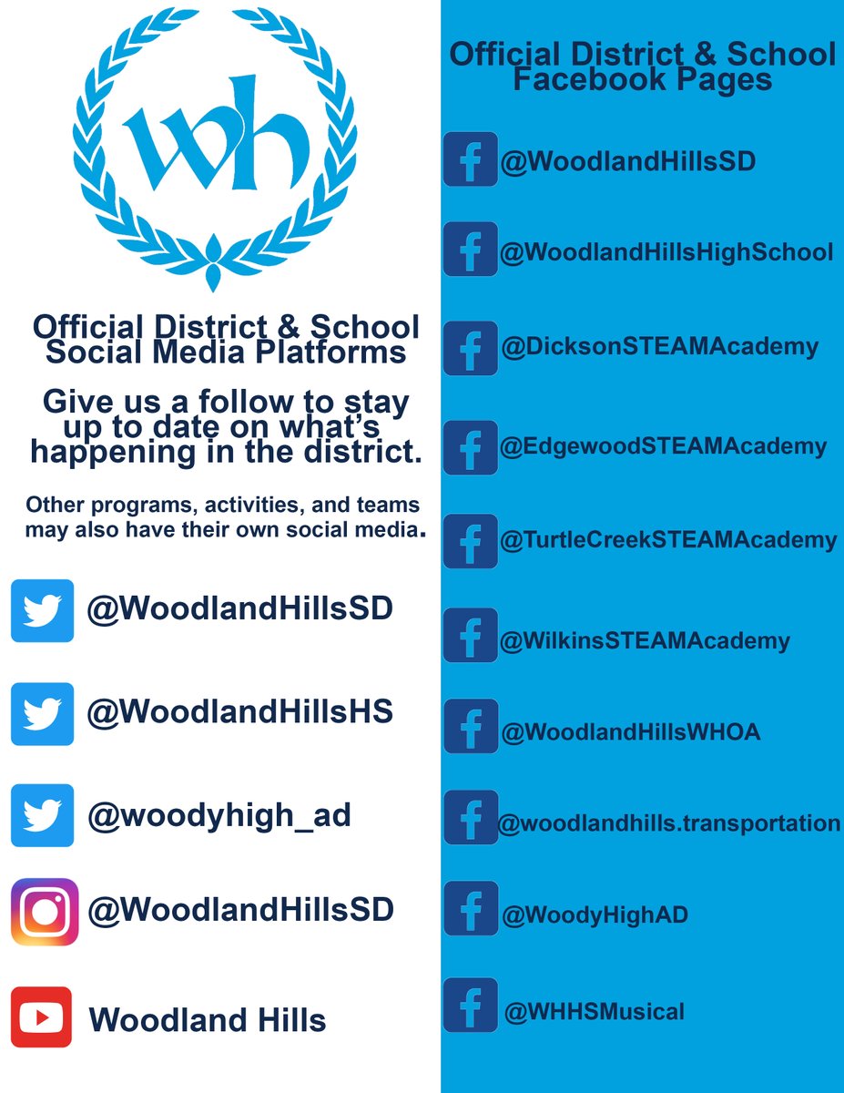 WoodlandHillsHS's tweet photo. Our social media presence is growing! Give the brand new Woodland Hills Central Administration accounts a follow and make sure you're up to date with our individual school, district and program social media accounts. https://t.co/IIjOyFjfx7