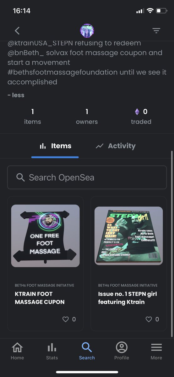 BETH´s foot massage foundation is ready to launch its NFT collection 🤣🤣🤣 
Collection is composed of: 
- 15 issue no 1 of STEPN girl NFTs that include a link to the magazine AR file. 
- 15 KTRAIN foot coupons with their respective link AR file.
<a href="/bnBeth_solvax/">bETH</a> <a href="/ktrainUSA_STEPN/">ktrainUSA</a>