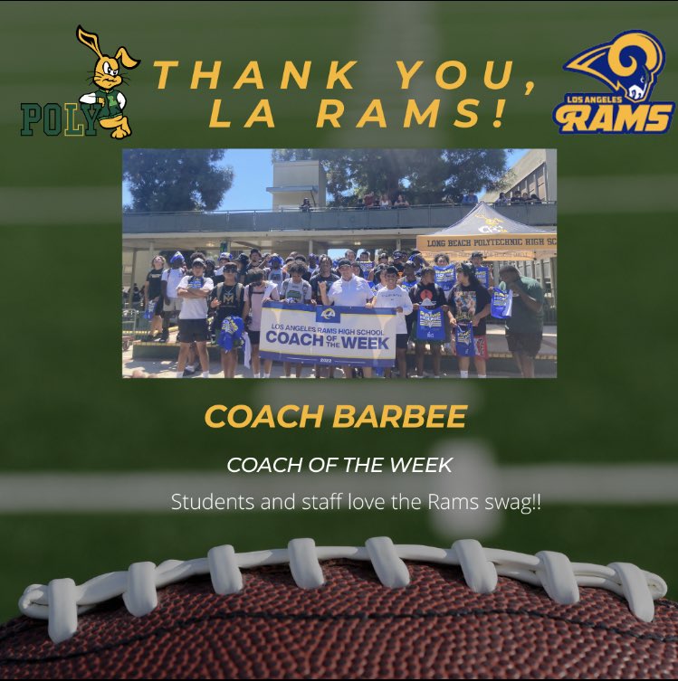 It’s a good day to be a Jackrabbit!! Thank you <a href="/LARamsComm/">Rams Community</a> for stopping by to honor <a href="/polyjackrabbits/">Poly Jackrabbits</a> Coach of the Week, Coach Barbee!! <a href="/LBPoly_Football/">Long Beach Poly Football 🐇🏈</a>  #theresnoplacelikePOLY <a href="/juliesparksj/">Julie Sparks, Ed.D.</a> <a href="/ItsonAndrea/">Andrea Itson</a> @kings3461 <a href="/puthdaprince/">Vincent Puth</a> <a href="/CoachSBarbee/">@CoachSBarbee</a>