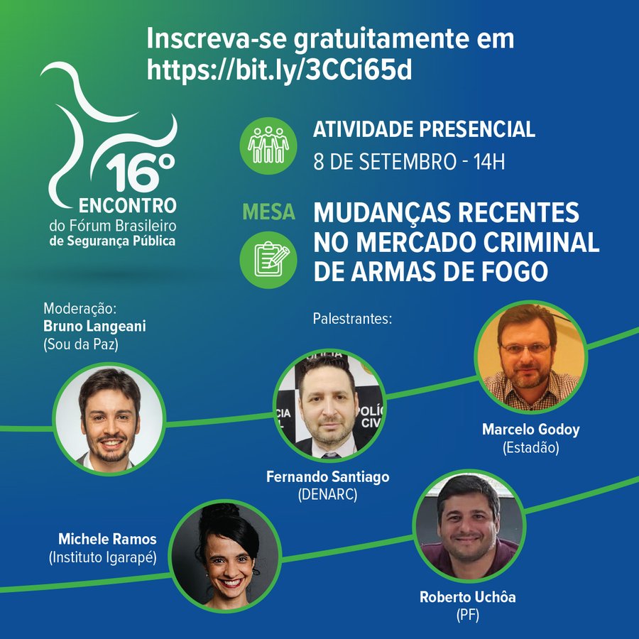 🗓️08/09 às 14h⏰ Nossa gerente de advocacy, <a href="/MicheledosRamos/">Michele dos Ramos</a>, participará do encontro do  <a href="/forumseguranca/">Fórum Brasileiro de Segurança Pública</a>, para discutir as mudanças recentes no mercado criminal de armas de fogo, entre outras pautas importantes para a segurança pública. Inscreva-se: 16encontrofbsp.yazo.com.br/?continue=/hub…