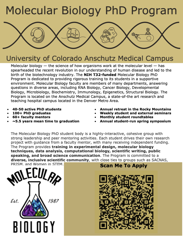Matthew Taliaferro (@jmtali) on Twitter photo Interested in PhD programs in molecular biology? Take a look at <a href="/molbcu/">Molecular Biology Ph.D. Program // CU Anschutz</a>! Application season is approaching. See the attached flyer for more details! Interested in PhD programs in molecular biology? Take a look at <a href="/molbcu/">Molecular Biology Ph.D. Program // CU Anschutz</a>! Application season is approaching. See the attached flyer for more details!
