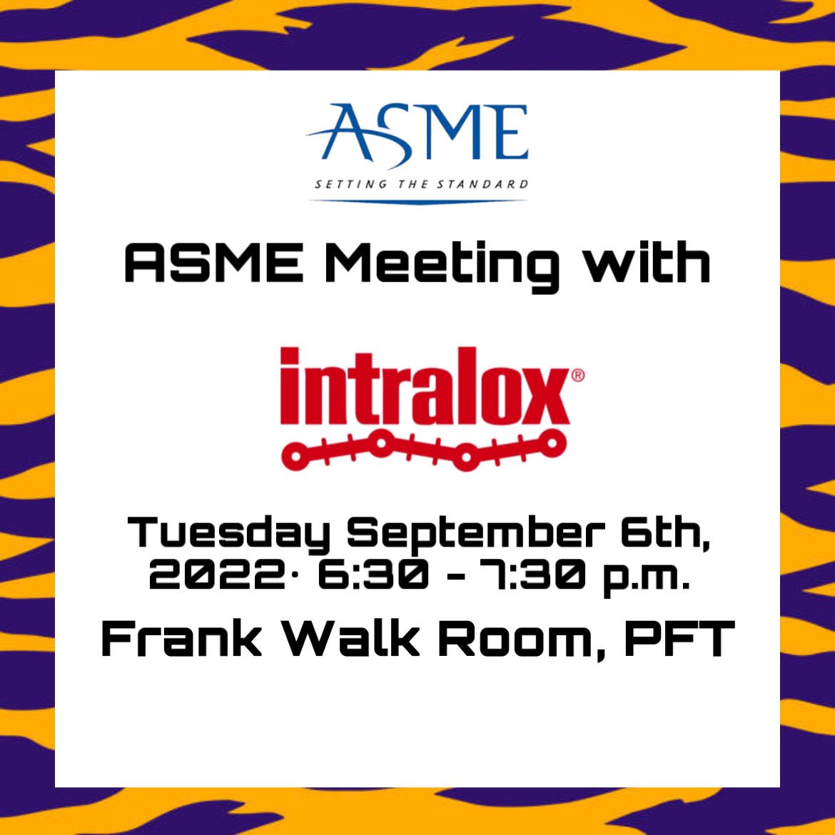 ASME will have our first meeting of the semester tonight, September 6th, from 6:30-7:30 p.m. in the Frank Walk Room with Intralox. There will be free Canes provided. We can’t wait to kick off this semester with all of you!