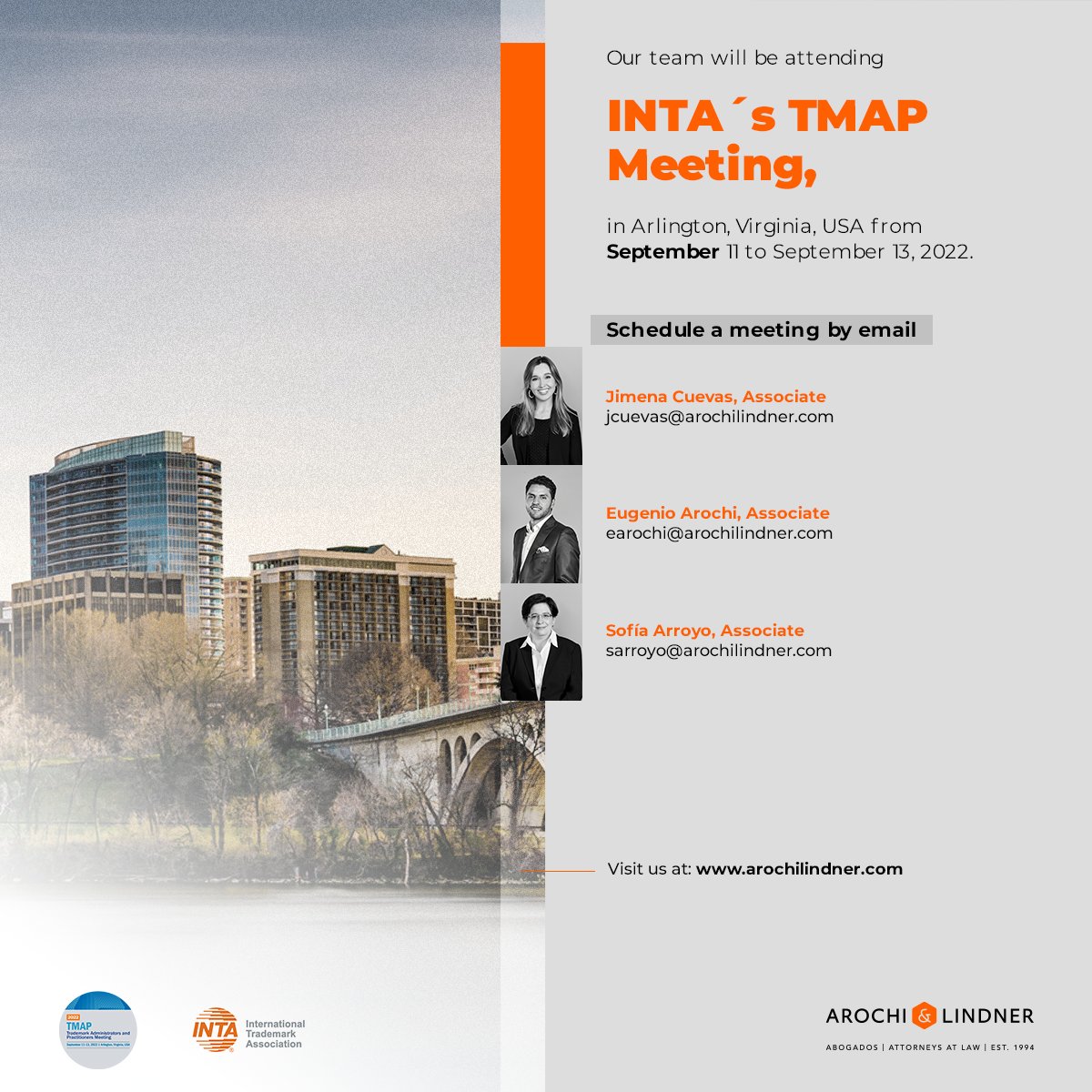 ArochiLindner's tweet photo. Our team will be attending INTA´s TMAP Meeting, in Arlington, Virginia from September 11 to September 13, 2022.

Get in contact with our experts:

Sofía Arroyo
📧sarroyo@arochilindner.com 
Eugenio Arochi
📧earochi@arochilindner.com 
Jimena Cuevas
📧jcuevas@arochilindner.com https://t.co/IXTjR9KyJa
