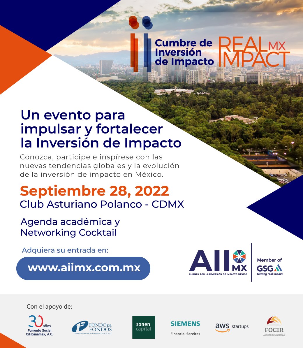Alianza por la Inversión de Impacto (@aiimexico) on Twitter photo Llegó el momento de potenciar la #InversiónDeImpacto en México. No se pierda la oportunidad de asistir en la II Cumbre #RealImpactMX
Adquiera su entrada en:aiimx.com.mx/cumbre-de-inve…
<a href="/fomento_social/">Fomento Social Banamex, A.C.</a> <a href="/Citibanamex/">Citibanamex</a> <a href="/sonencapital/">Sonen Capital</a> <a href="/Siemens_Mexico/">Siemens México</a> <a href="/FONDODEFONDOS/">CMIC</a> <a href="/focirmx/">it@focir.gob.mx</a> <a href="/AWSLatam/">AWS LATAM</a> Llegó el momento de potenciar la #InversiónDeImpacto en México. No se pierda la oportunidad de asistir en la II Cumbre #RealImpactMX
Adquiera su entrada en:aiimx.com.mx/cumbre-de-inve…
<a href="/fomento_social/">Fomento Social Banamex, A.C.</a> <a href="/Citibanamex/">Citibanamex</a> <a href="/sonencapital/">Sonen Capital</a> <a href="/Siemens_Mexico/">Siemens México</a> <a href="/FONDODEFONDOS/">CMIC</a> <a href="/focirmx/">it@focir.gob.mx</a> <a href="/AWSLatam/">AWS LATAM</a>